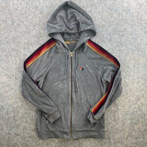 Aviator Nation Gray Velour Hoodie Full Zip Size Small 5 Stripe *read